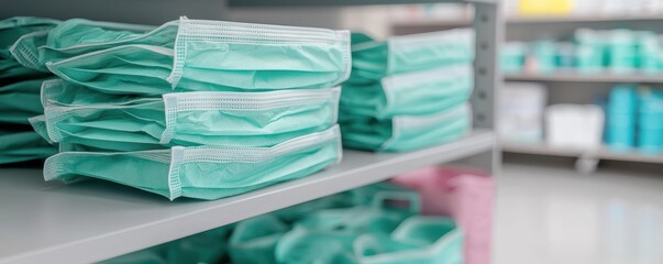 The image shows neatly stacked green surgical masks on a shelf, surrounded by medical supplies in a clean and organized environment.
