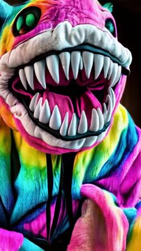 大きな口の鮮やかな蛍光色のモンスターの着ぐるみを着た人物