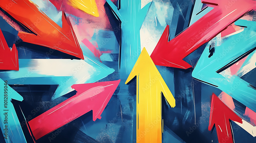 Poster an artistic digital rendering featuring a collection of arrows pointing in various directions, symbo