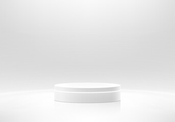 3D round white podium with neon lighting curve lines background. Abstract geometric composition minimalist design. Studio display showroom stand product pedestal, Fashion stage showcase mockup scene.