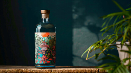 Artisan bottle with vibrant label displayed on wooden surface in softly lit indoor setting