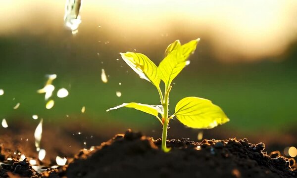 footage of pouring water into planting to soil seedling in the vegetable garden, close-up, 4K