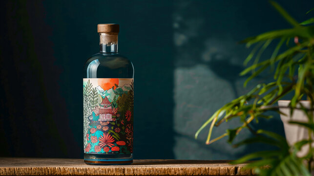 Artisan bottle with vibrant label displayed on wooden surface in softly lit indoor setting