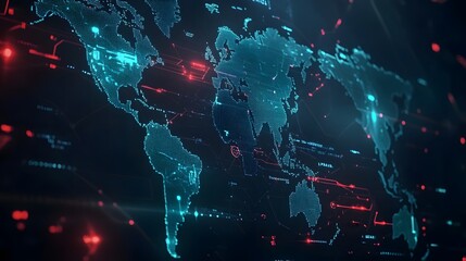 Abstract digital world map, concept of global network and connectivity, featuring elements of artificial general intelligence, high-speed data transfer, and cyber technology