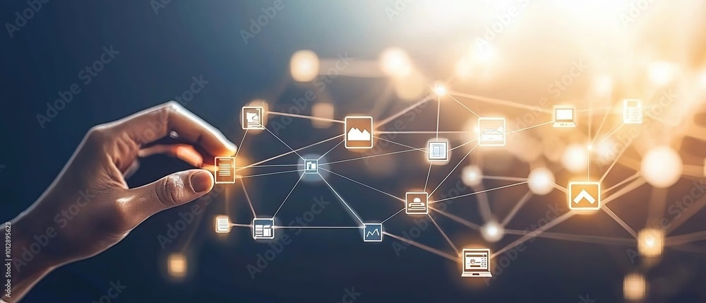 Poster hand reaching for a document icon within a network of connected icons representing a digital landsca