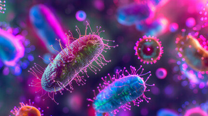 Colorful microscopic view of bacteria and microorganisms in a dark background under magnification