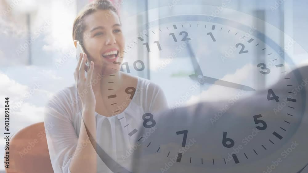 Poster animation of moving clock and sky with clouds over diverse colleagues in office
