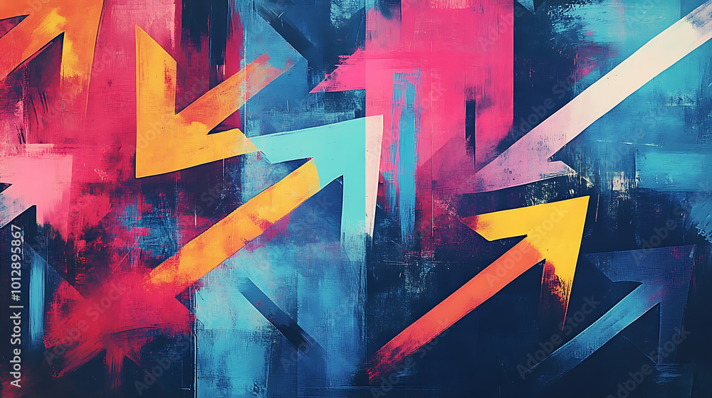Poster an artistic digital rendering featuring a collection of arrows pointing in various directions, symbo