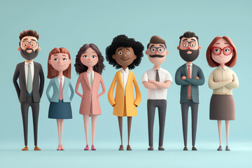 Obraz premium Seven cartoon characters of various ethnicities are dressed in stylish business attire, posing confidently against a light blue backdrop with smiles.