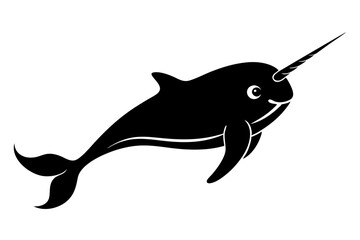 Black silhouette of a narwhal isolated on a white background. Concept of marine animal illustration, minimalist narwhal design. Print, icon, logo, template, pictogram, element for aquatic-themed art