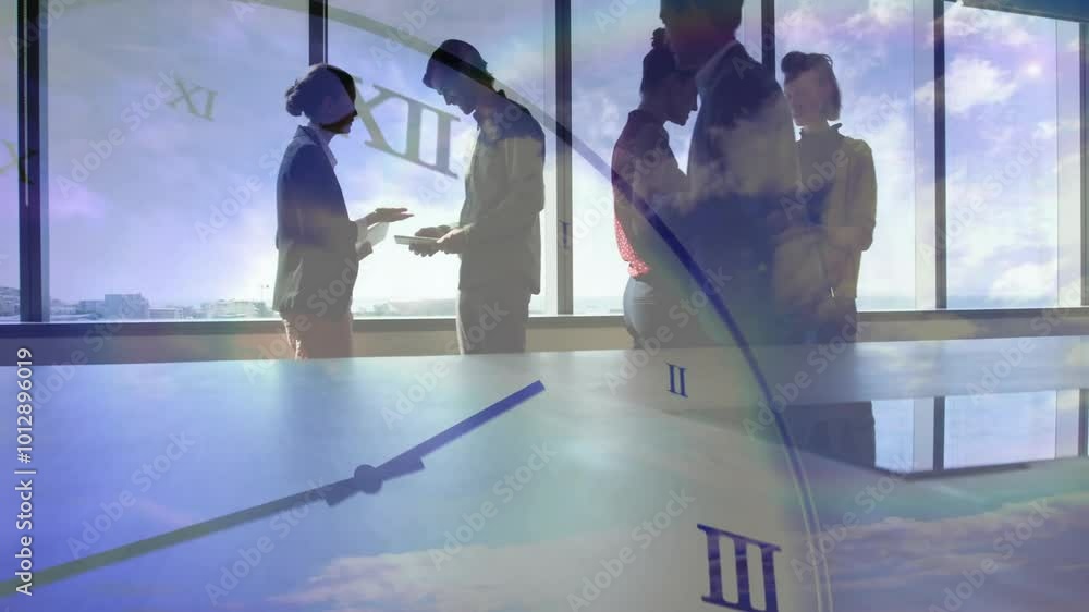 Poster animation of moving clock and sky with clouds over diverse colleagues having meeting in office