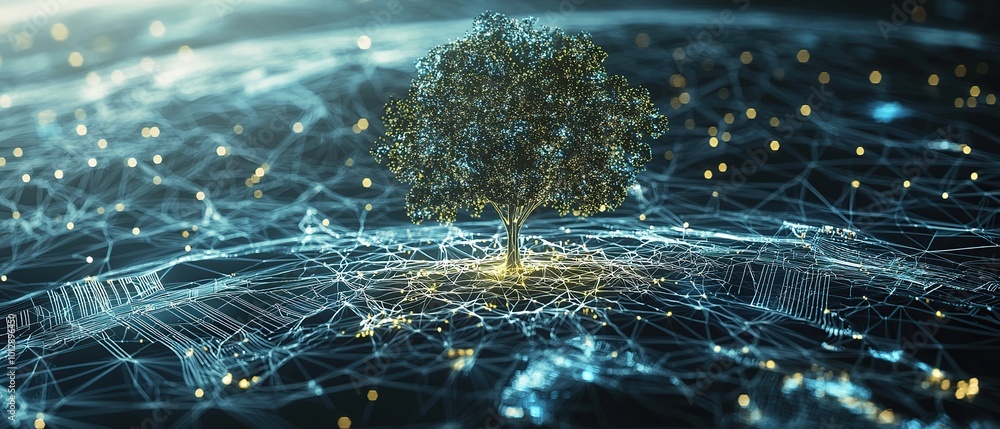 Poster abstract tree with glowing lights on a connected network.