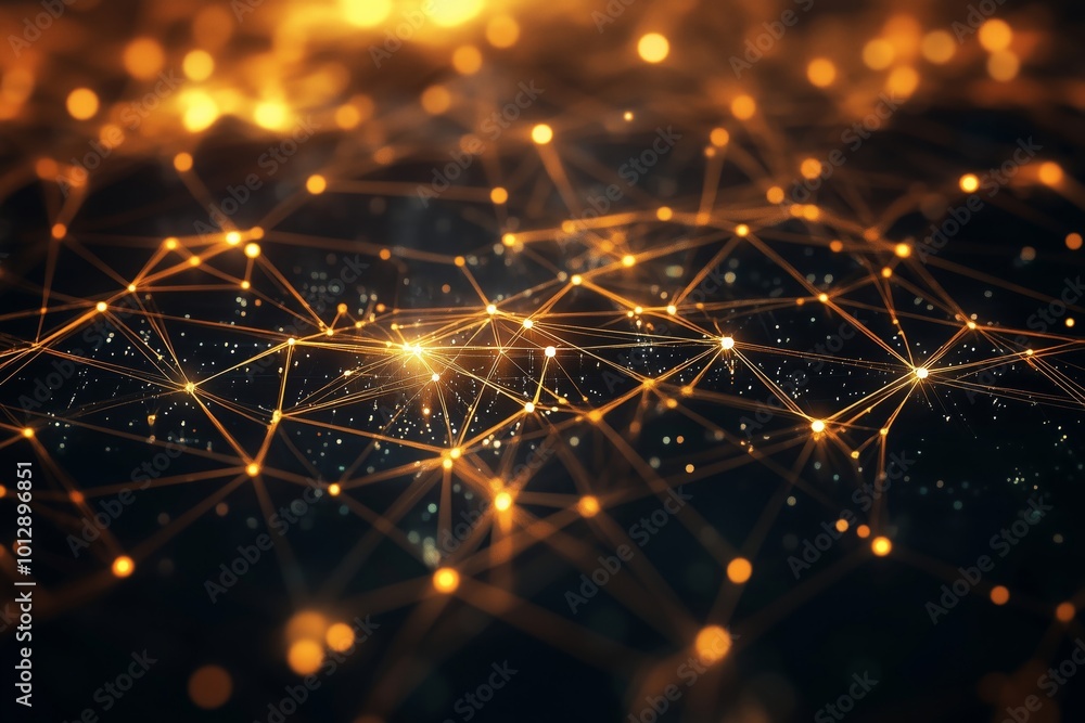 Poster blockchain digital network design with geometric lines and particles in vector illustration