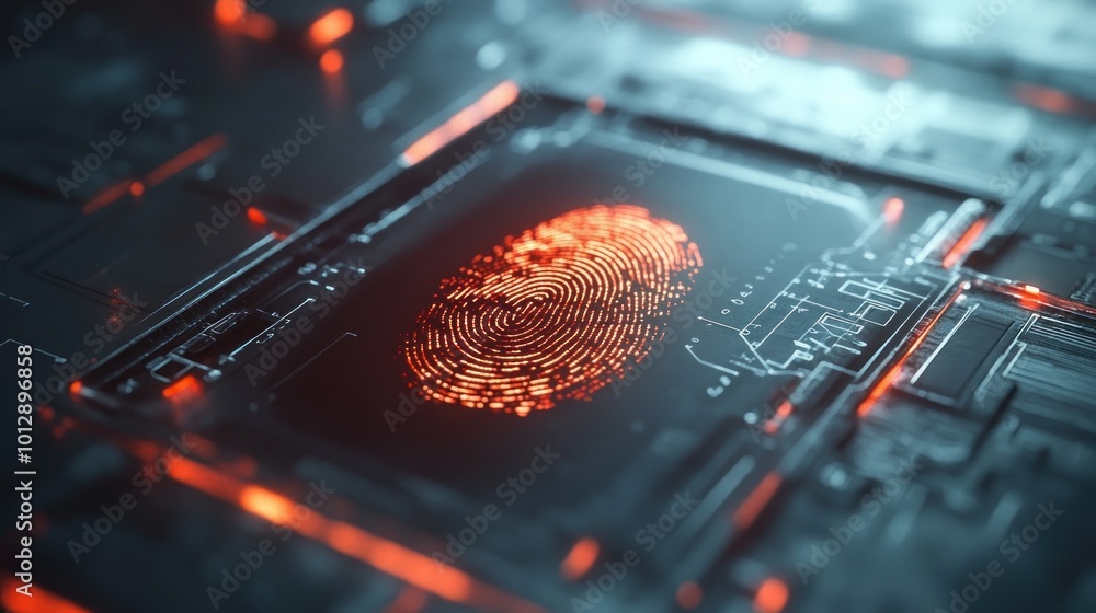 Poster a digital fingerprint on a circuit board, symbolizing security and technology integration.