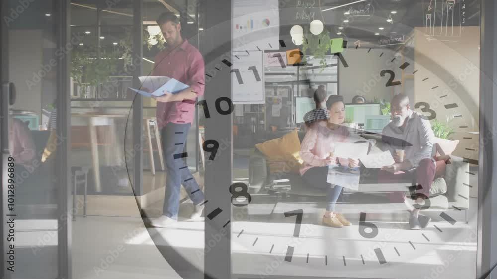 Poster animation of moving clock over diverse colleagues discussing work in office