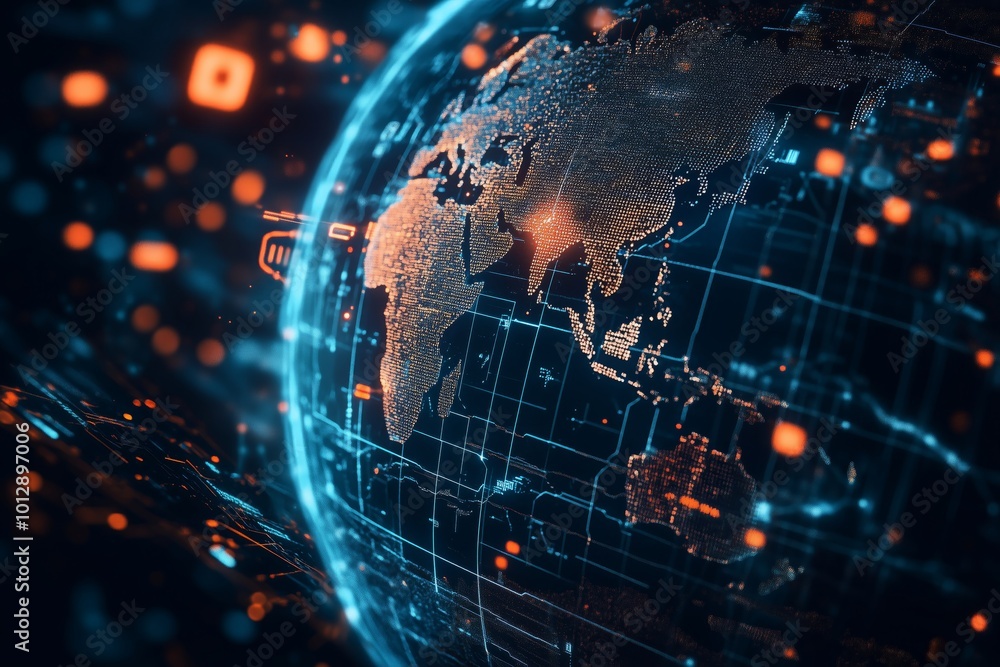 Aufkleber blockchain technology futuristic hud backdrop featuring a world globe and polygonal blockchain peer-