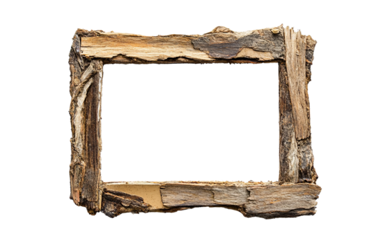Rustic wooden frame isolated on a white background, ideal for showcasing artwork or photographs.