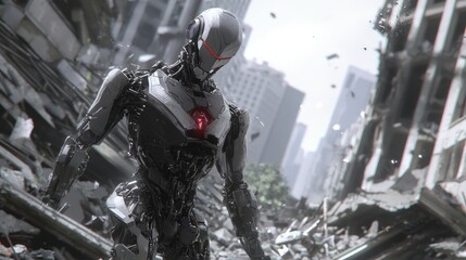 Obraz premium Malevolent AI Robot in Destroyed Cityscape - Ray Tracing Hostile Artificial Intelligence Concept Art