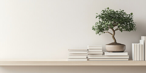 Bonsai Tree and Books on Minimalist Shelf