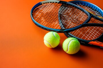 Two tennis rackets and two tennis balls on a blue and red background Generative by Ai
