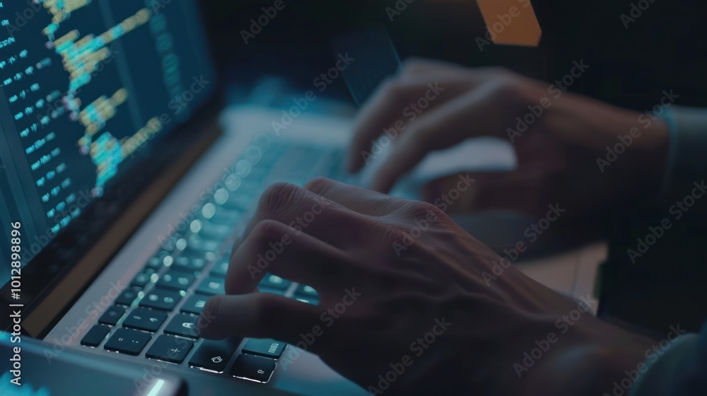 Poster programmer working on laptop