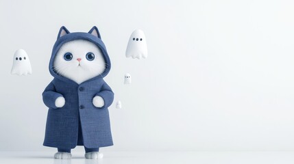 Cute white cartoon cat wearing a blue coat with ghost figures floating nearby, isolated on white background.