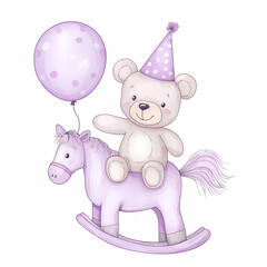 Fototapeta premium Cute Birthday Design: Teddy Bear on Pony with Balloon, generated ai