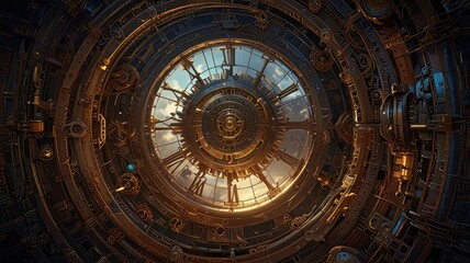 Fototapeta premium A circular clock face with intricate gears and cogs surrounding it. The clock face has Roman numerals and the background is a blue sky with clouds.