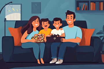 Family of Four Relaxing on a Sofa in Their Living Room