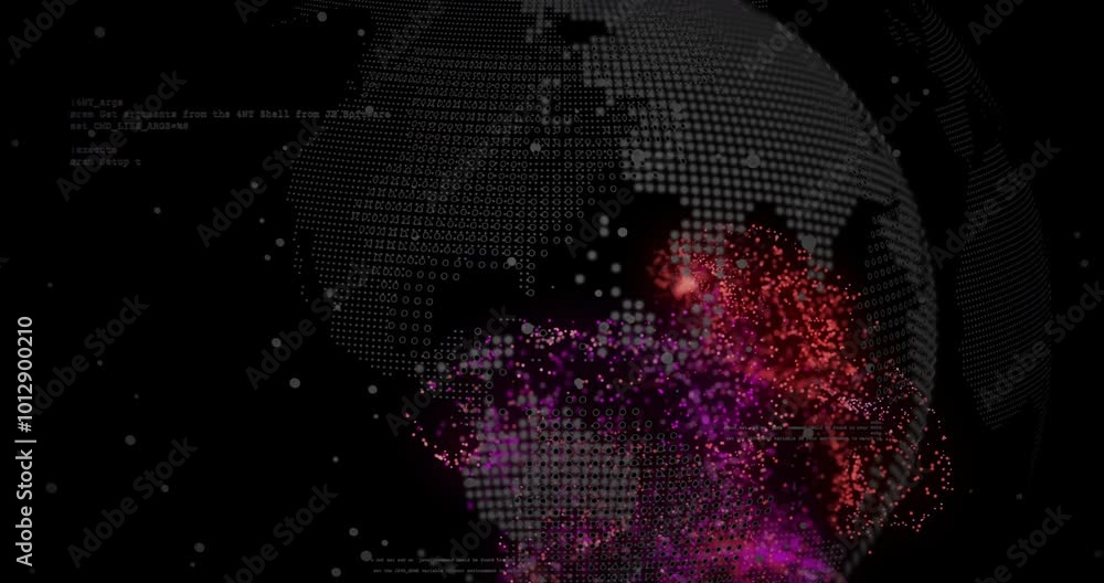 Poster animation of globe with data processing over light spots on black background