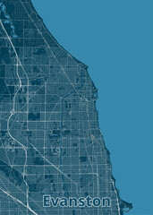 Map of Evanston, Illinois, rendered in a minimalist style. The map features a dark blue background with white lines representing streets and roads.
