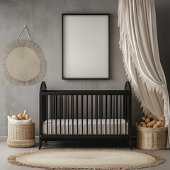 Kids room with crib, white wall frame for drawing, mockup, canvas, design. AI generation.