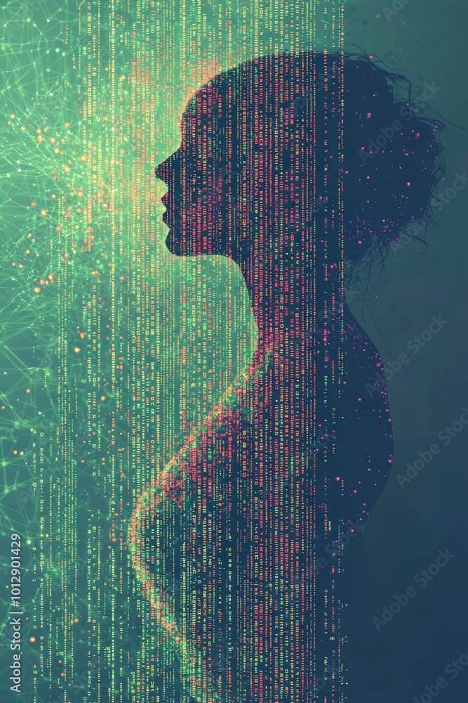 Poster digital silhouette of a woman overlapping with code and a network of lines
