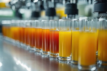 A vibrant assembly of colorful juice bottles lined up, showcasing refreshing flavors in a modern production environment.