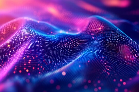 Futuristic sci-fi user interface design featuring 3D abstract digital technology with gradient dots and lines depicting big data