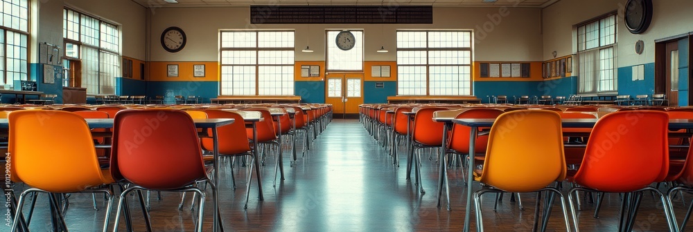Poster empty classroom with rows of chairs