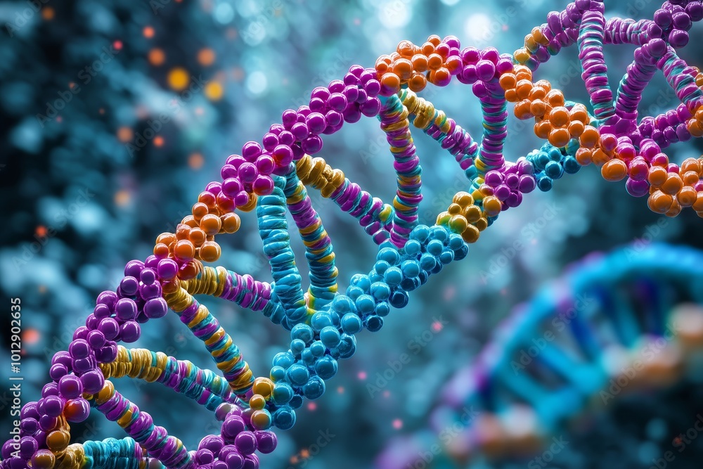Poster visualization of a vibrant dna molecule structure with intricate detailing