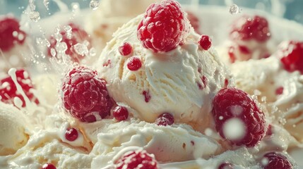 a white plate topped with ice cream and raspberries