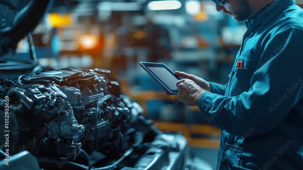 Poster a mechanic uses a tablet to diagnose an engine in a workshop.