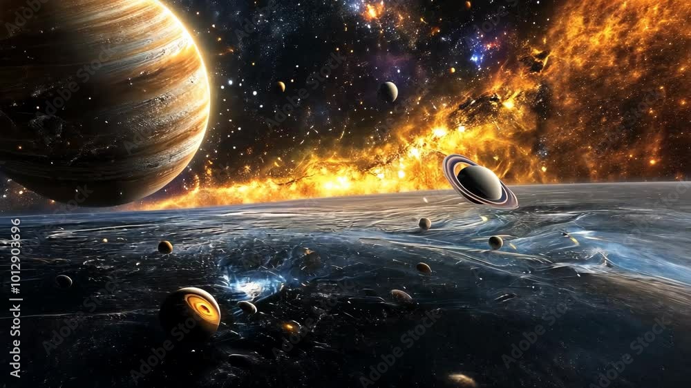 Canvas Prints a large planet with rings orbits a bright, glowing nebula in a distant galaxy
