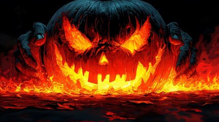 Fototapeta premium Hands delicately carving out a pumpkin's features, close-up vector papercut with a focus on the fine details