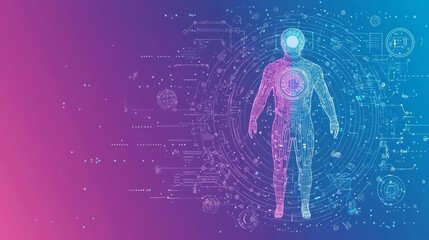 Obraz premium Abstract human figure surrounded by digital data and technology on a gradient background, representing the future of human-machine integration.