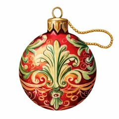Ornate red Christmas ornament with intricate green and gold designs, showcasing festive elegance.