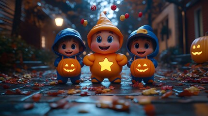 Obraz premium A Halloween scene with kids in costumes standing on doorsteps, candy falling into their bags, cartoon vector 3D animation