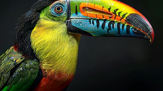 A colorful toucan with a large beak looks to the right in front of a dark background