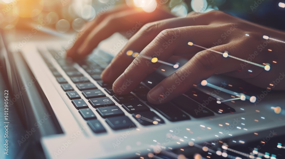 Poster hands typing on a laptop keyboard with abstract lines and lights