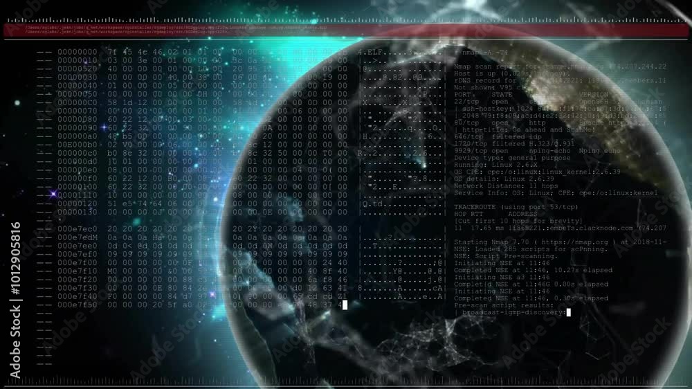 Poster animation of data processing over globe on black background