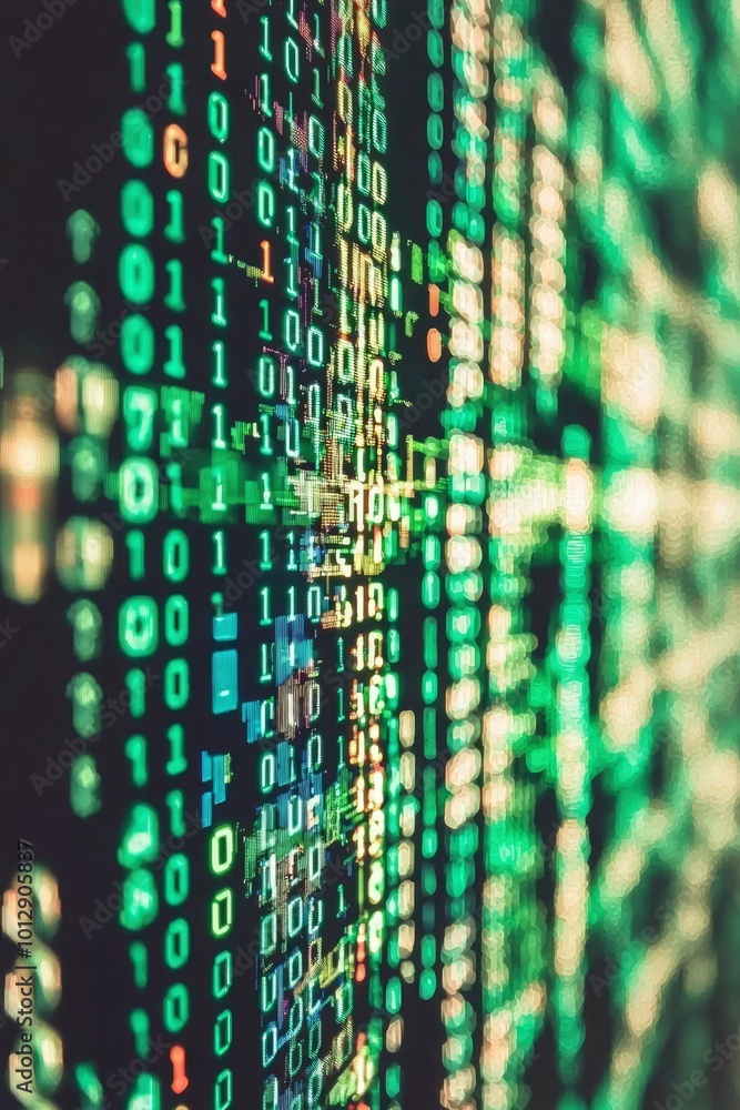 Poster abstract blurred green and orange binary code on a black screen