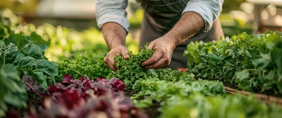 Chef handpicks fresh organic vegetables from garden, showcasing farm-to-table concept and sustainable cooking practices.