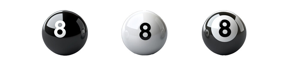 A Black and White Billiard Ball With the Number 8 in Cartoon Style. Isolated on a Transparent Background. Cutout PNG.